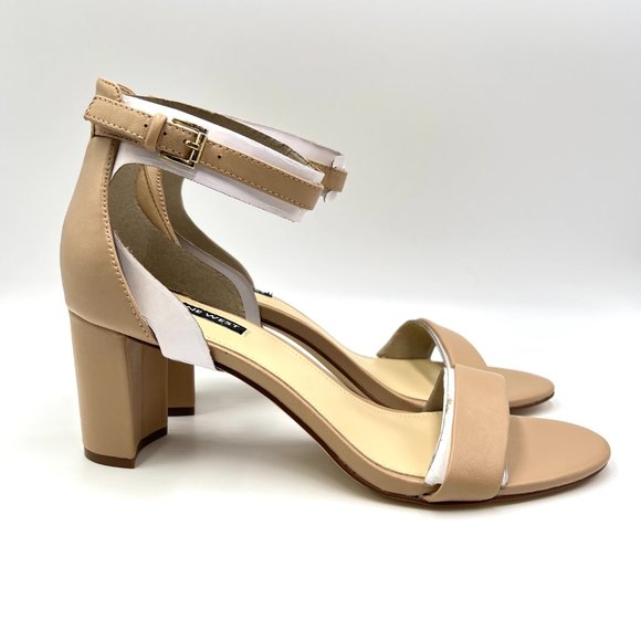 Nine West Pruce Beige Tan Natural Leather Open Toe Block Heels Sandals Shoes 10M - Picture 1 of 14